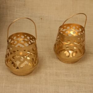 Set of 2 Golden Hanging T-Light Lanterns | Decorative Votive Candle Holders |Diwali Decor | Diwali Gift