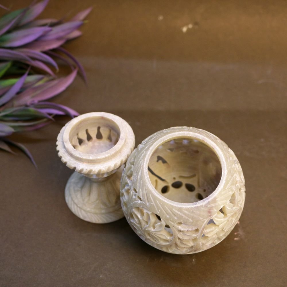 Hand-Carved Jali Sphere with Elephant Motif | Marble Carving Art Piece | Diwali Decor - Image 3