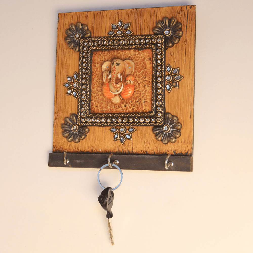 Wooden Ganesha Key Holder with Mirror Work - Image 3
