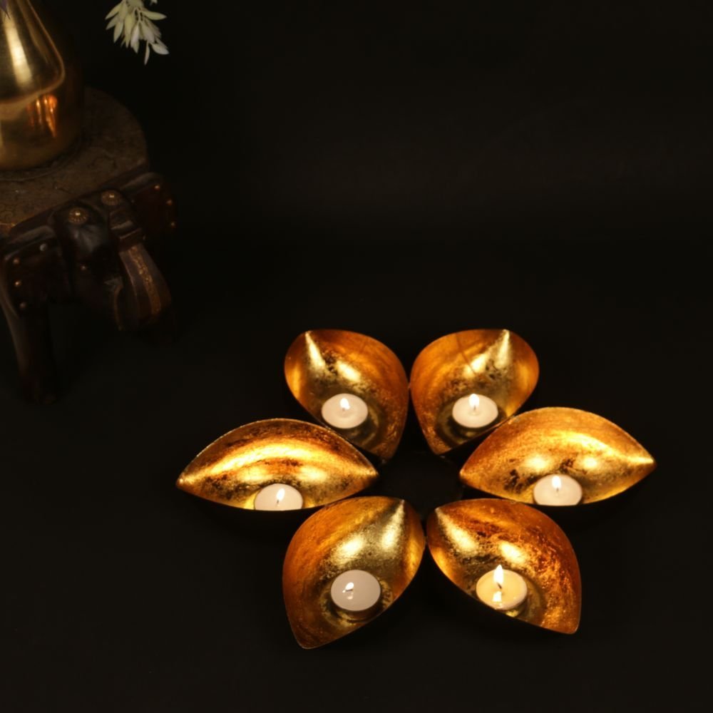 Golden Leaf Tea Light Set - Set of 6 Iron Diyas for Diwali Festive Lighting - Image 2