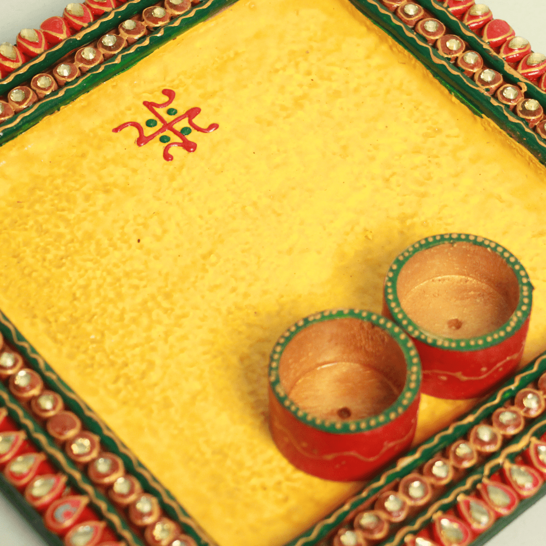 WOODEN KUNDAN SQUARE POOJA THALI - Image 2