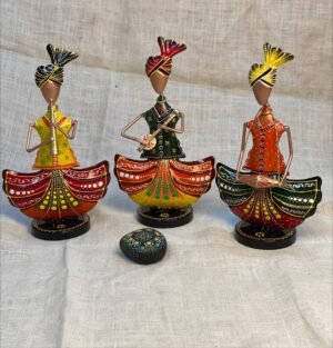 Set of 3 Hand-Painted Metal Rajasthani Musician Figurines | Indian Folk Art Decor