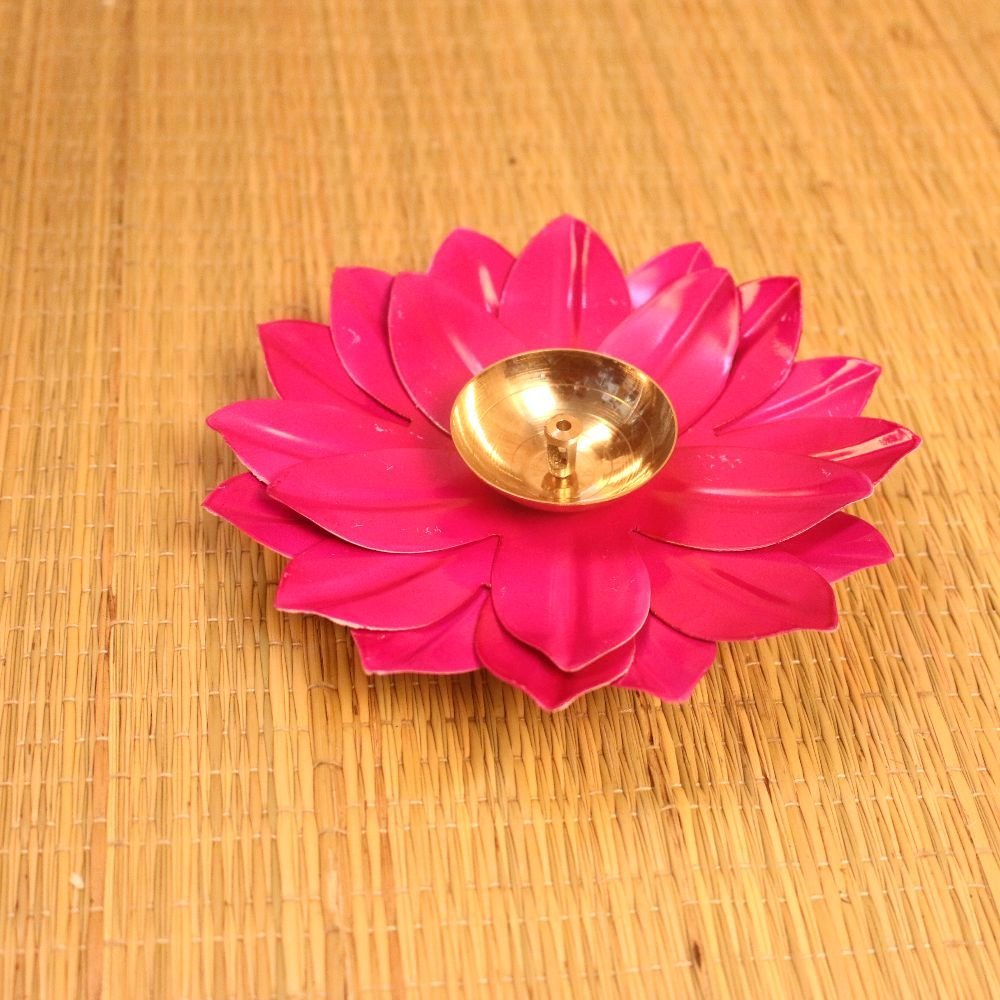 Vibrant Pink Lotus Diya - 6 ′′ Metal Festive Accent for Diwali - Image 4