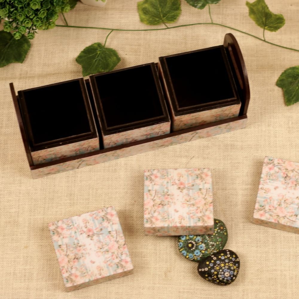 Wooden Floral Storage Box Set - 14 ′′ Decorative Tray with 3 Lidded Containers - Image 3