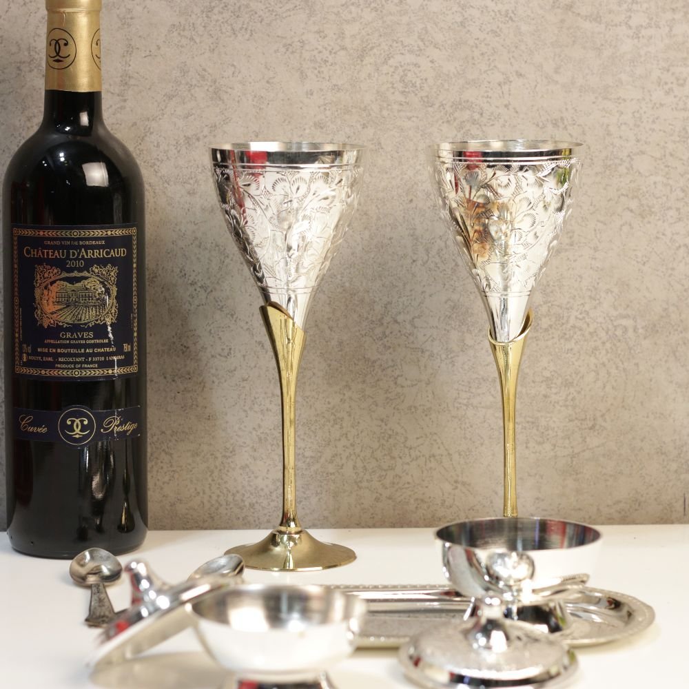 Luxury Brass Goblet and Serving Set (9 Pcs) | Silver & Gold Toned Wedding Gift - Image 4