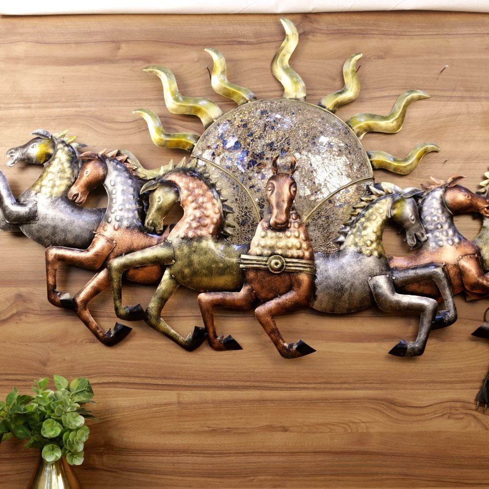 Extra-Large Metal Seven Horses & Sun Wall Art | Vastu Success Decor