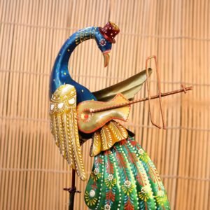 Hand-Painted Iron Peacock Musician Figurine | Vibrant Festive Home Decor