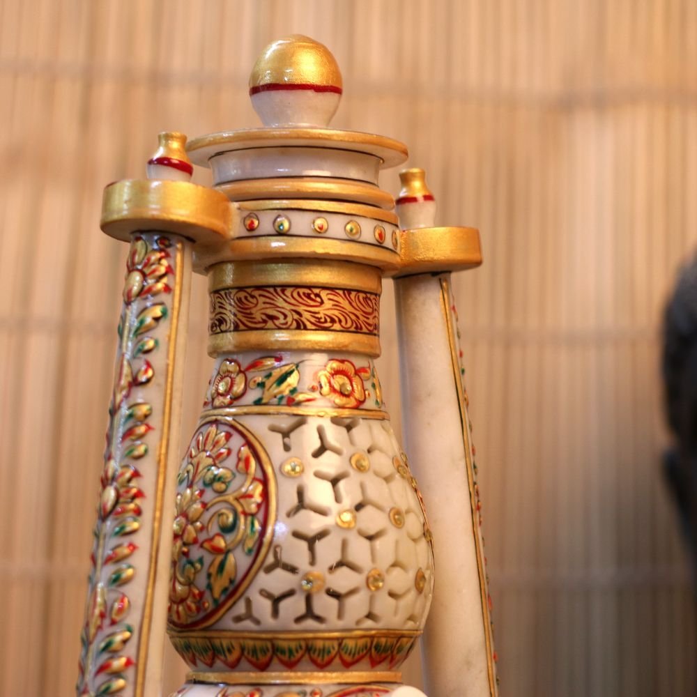 Marble Lantern Lamp || Handcrafted Marble Lantern with Meenakari Artwork – Decorative Lamp || Home Decor || Diwali Decor - Image 3