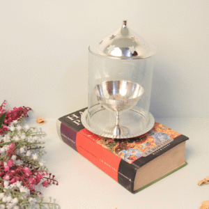 Modern Glass and Metal Diya Holder – 7 ′′ Silver Finish Candle Enclosure