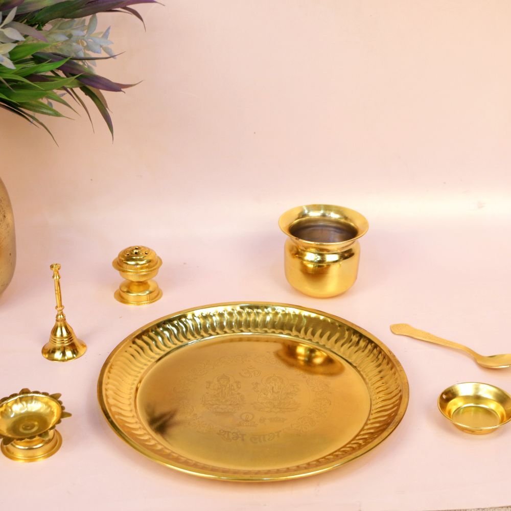 Traditional Gold-Toned Iron Pooja Thali Set (7 Items) | Auspicious Aarti & Festival Kit - Image 4
