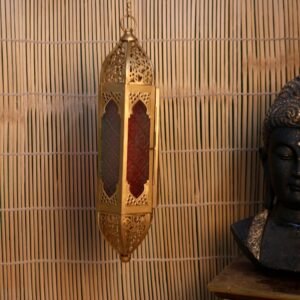 Hanging Moroccan Style Lantern – 18  ′′   Iron and Colored Glass Festive Lamp
