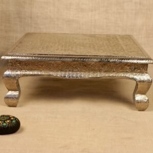 Premium Oxidized Silver Embossed Wooden Chowki | Square Puja Altar & Home Decor