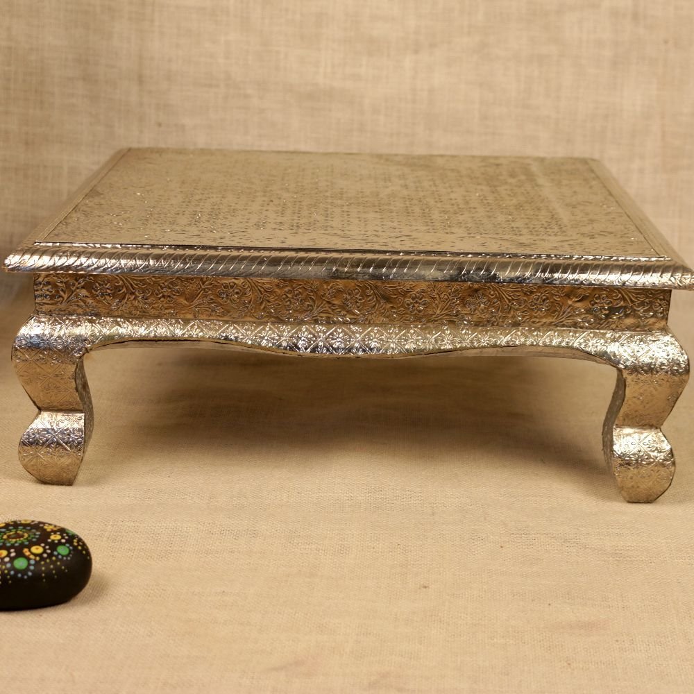 Premium Oxidized Silver Embossed Wooden Chowki | Square Puja Altar & Home Decor - Image 2