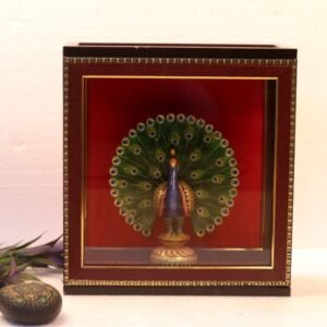 Metal Peacock Figurine in Wooden Frame