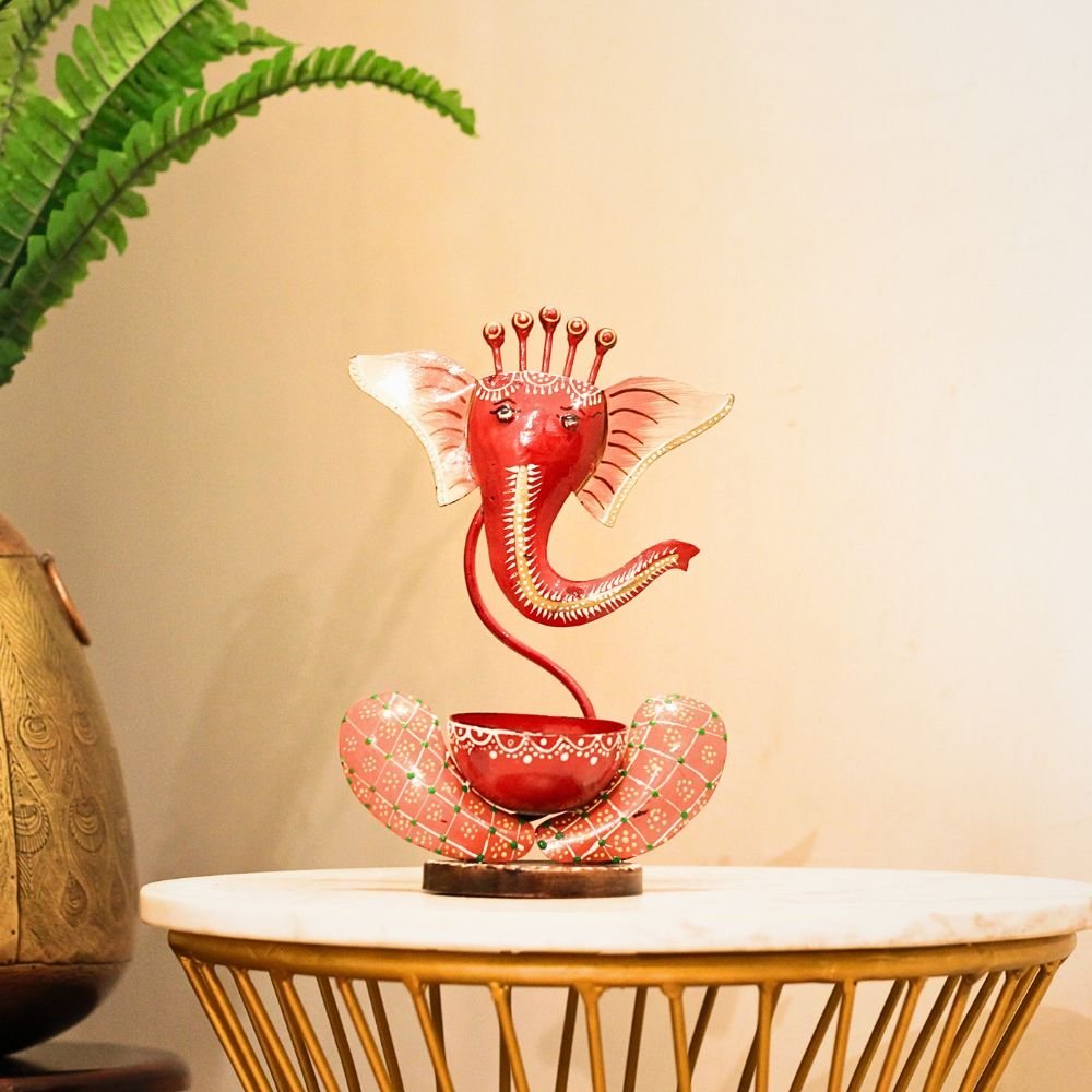 Hand-Painted Ganesha Tea Light Holder - 10 ′′ Iron God Idol Decor - Image 3