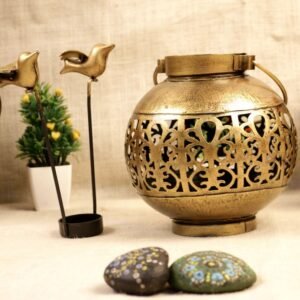 Antique Golden Metal T-Light Holder with Bird Decor | Round Jali Votive Lantern