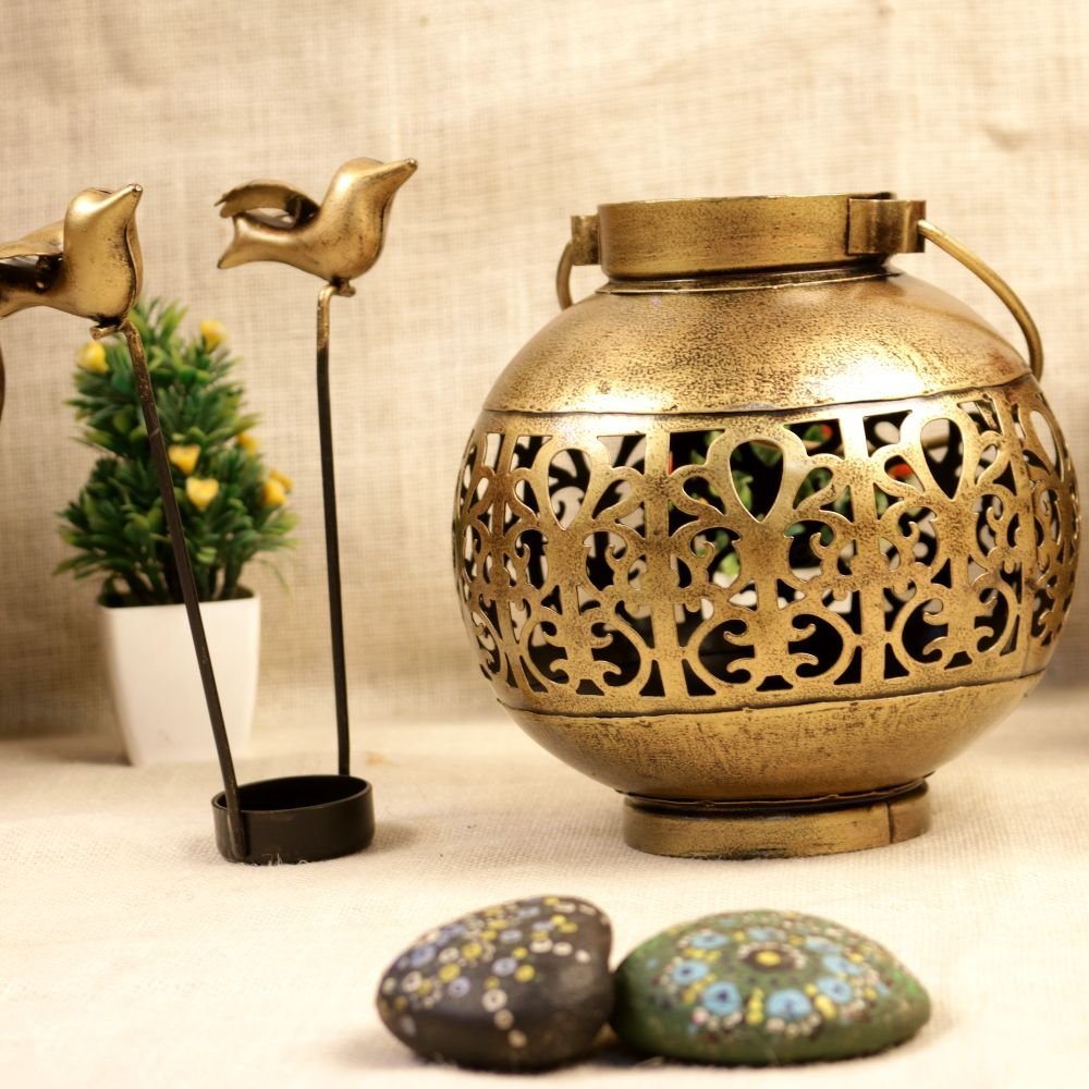 Antique Golden Metal T-Light Holder with Bird Decor | Round Jali Votive Lantern - Image 2