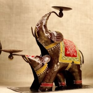 Elephant Family Candle Holder – 14 ′′ Iron Auspicious Diya Stand for Gifting