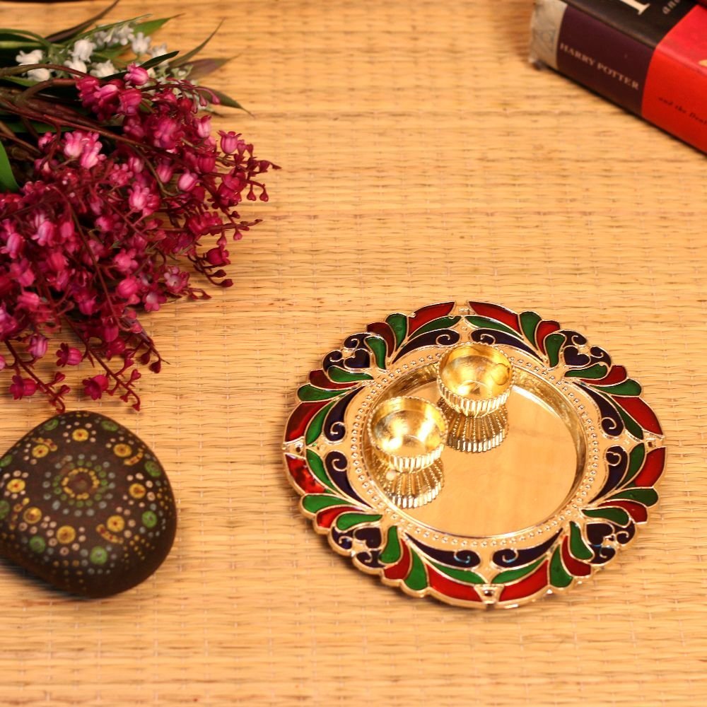 Silver Meenakari Puja Thali - 6 ′′ Decorative Plate for Diwali Festive Decor - Image 4