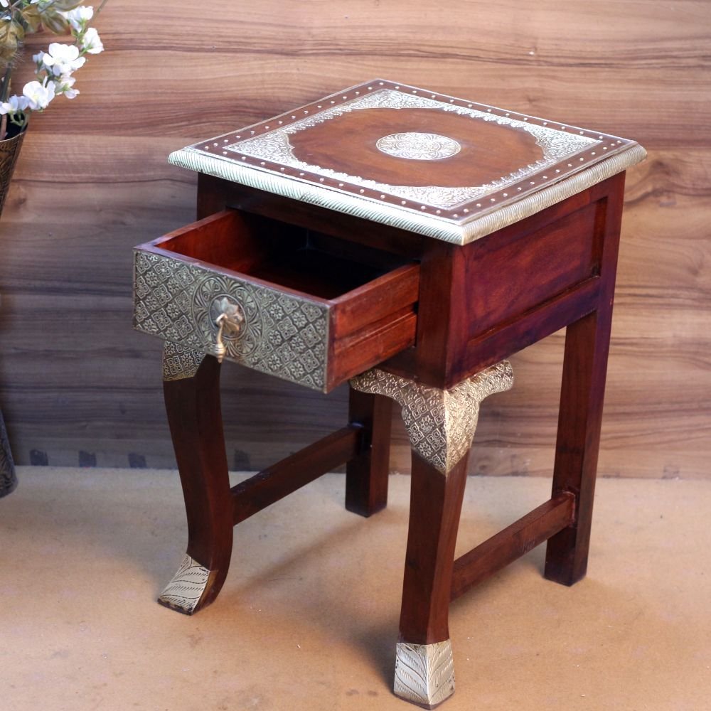Wooden Bedside Table Brass - Image 5