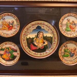 Large Wooden Framed Marble Miniature Painting Quintych 26×18 | Courtly Art