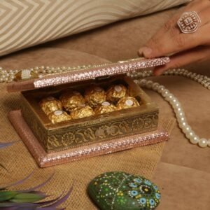 Elegant Rectangular Wood and Rexine Gift Box with Metal Inlay | Festival Serving Dish
