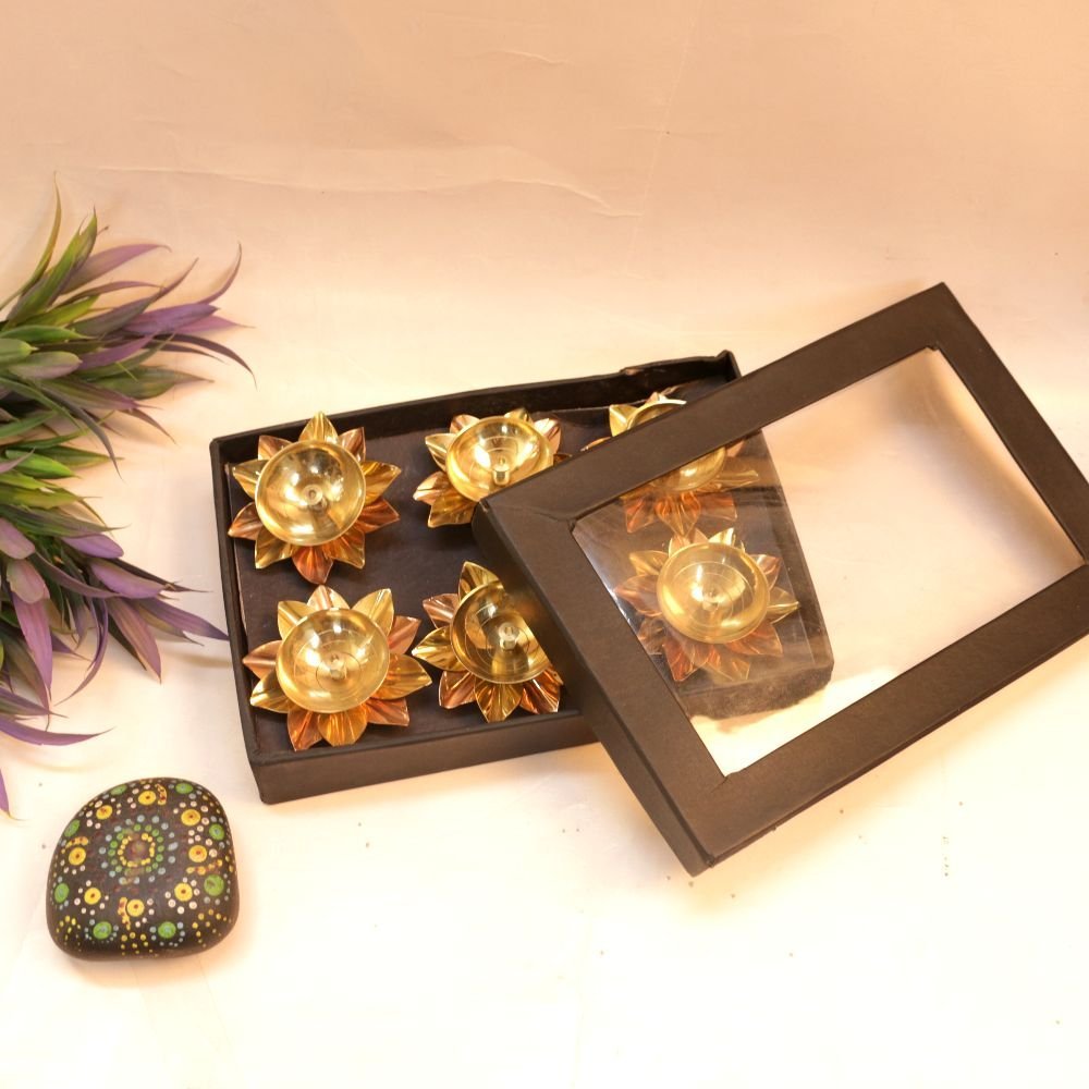 Set of 6 Brass Lotus Diyas | Traditional Diwali Oil Lamp Gifting Set | Diwali Decor - Image 4