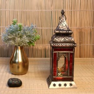 Red Glass Iron Lantern – 15 ′′ Antique Silver Festive Decor Lamp