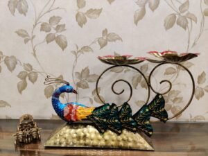 Hand-Painted Metal Peacock Diya Holder | Artistic Tea Light Stand for Festive Decor