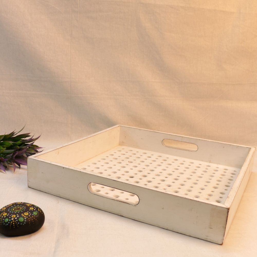 White Wooden Tray with Perforated Design - Image 3