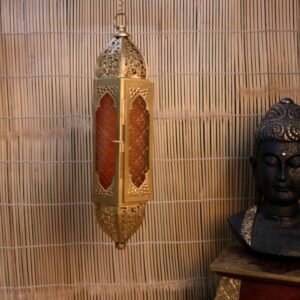 Hanging Moroccan Style Lantern – 18  ′′   Iron and Colored Glass Festive Lamp