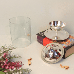 Modern Glass and Metal Diya Holder – 7 ′′ Silver Finish Candle Enclosure