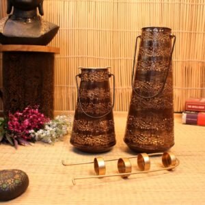 Set of 2 Rustic Iron Lanterns – 13 ′′ and 9 ′′ Jali Lamps for Festive Decor