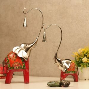 Pair of Hand-Painted Wooden Elephant Idols with Bells | Festive Vastu Home Decor