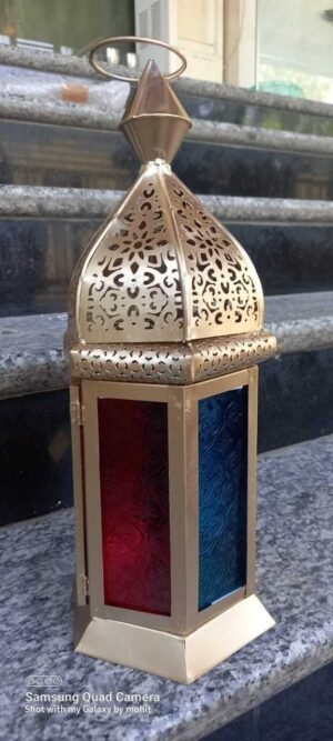 Moroccan Style Metal Lantern - 12  ′′   Gold and Colored Glass Festive Lamp