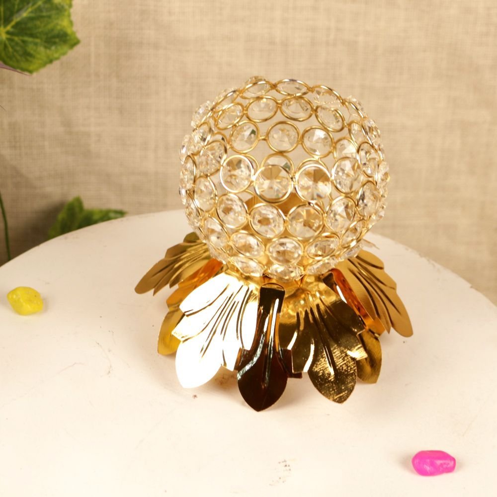 Diya Flower |Luxury Golden Crystal Lotus T-Light Holder | Metal Candle Votive Stand | Gifts and decor - Image 3