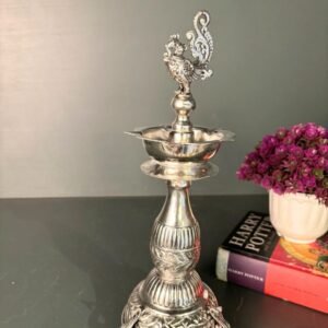Silver Polished Brass Diya Lamp – 12-Inch Peacock Finial Traditional Decor