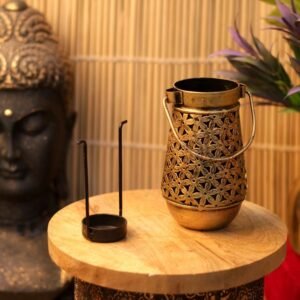 Golden Floral Jali Tea Light Lantern – 6 ′′ Iron Lamp for Diwali and Festive Decor