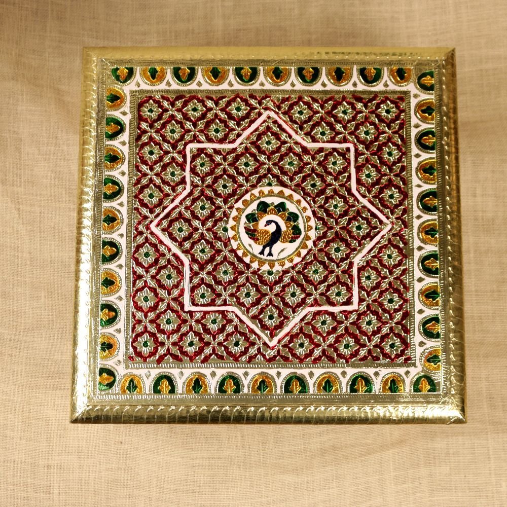 Hand-Painted Wooden Square Chowki in Red & Gold | Traditional Puja & Festive Decor - Image 2