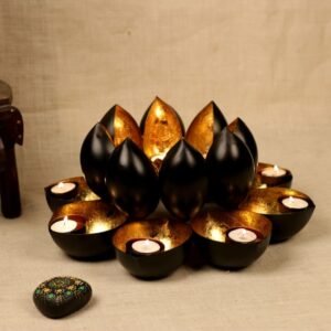 Hand-Painted Metal Lotus Diya Holder | 14-Diya Golden & Black T-Light Lamp for Diwali Decor