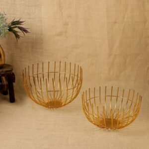 Set of 2 Golden Wire Bowls – 12  ′′   & 11  ′′   Iron Fruit Basket Decor