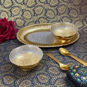 Decorative Golden Metal Puja/Serving Set (5 Pcs) | Diwali & Wedding Return Gift