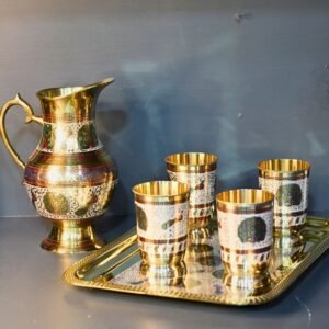 Brass Jug Set With 4 Glass and Sqaure Tray