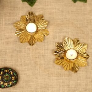 Golden Flower Tea Light Set – 5 ′′ Iron Diya (Set of 2) for Festive Decor