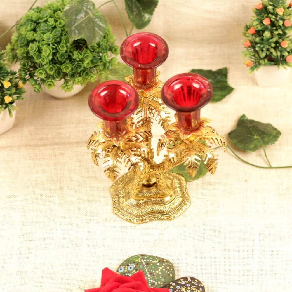 Golden Palm Tree Candelabra - 3-Light Metal & Red Glass Festive Decor - Image 4