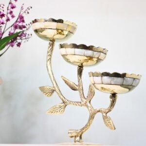 Elegant Golden Branch Diya Stand with 3 Bowls – 8.5 ′′ Multi-Tier Candle Holder