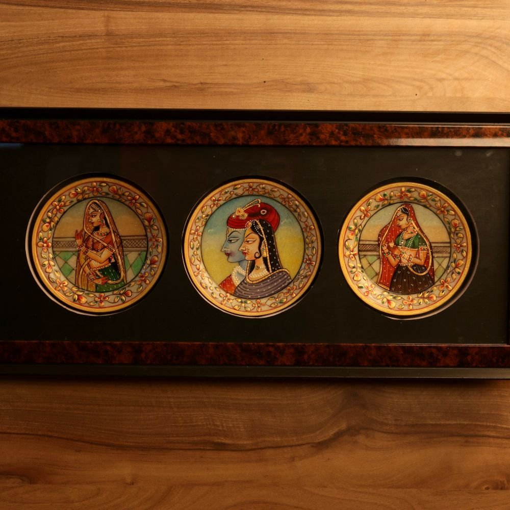 Framed Set of 3 Miniature Plates Wall Art | Wooden and Marble Traditional Decor - Image 2