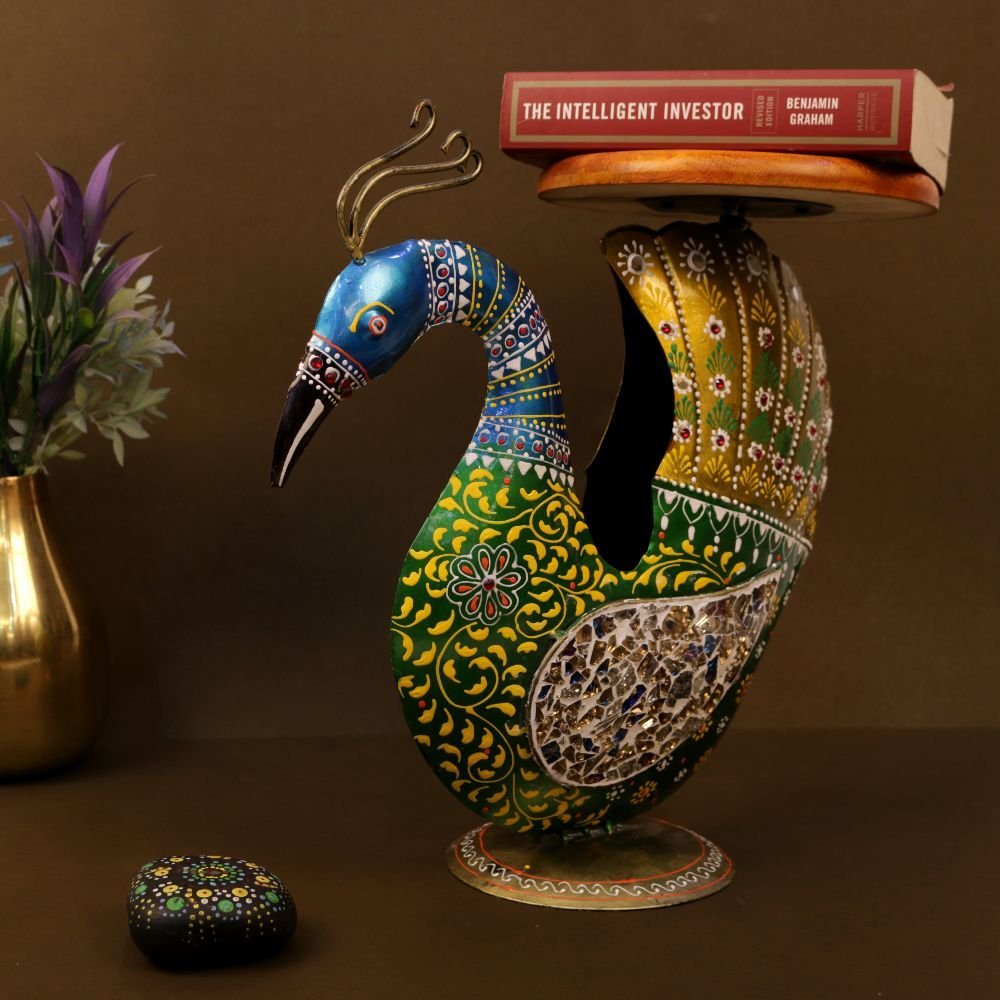 Hand-Painted Peacock Pedestal - 13.5 ′′ Iron Side Table for Auspicious Decor - Image 2