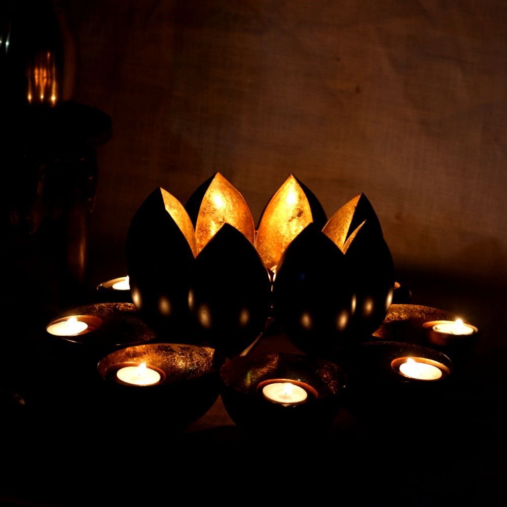 Hand-Painted Metal Lotus Diya Holder | 14-Diya Golden & Black T-Light Lamp for Diwali Decor - Image 2