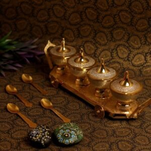Brass Tea Caddy with Four Bowls and Spoons